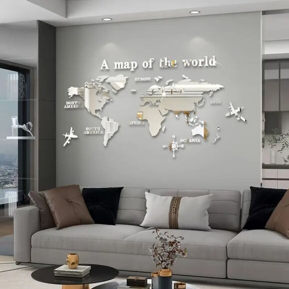Modern 3D Silver World Map Wall Art – Decor for Living Room, Office, or Bedroom - Picture 1 of 5